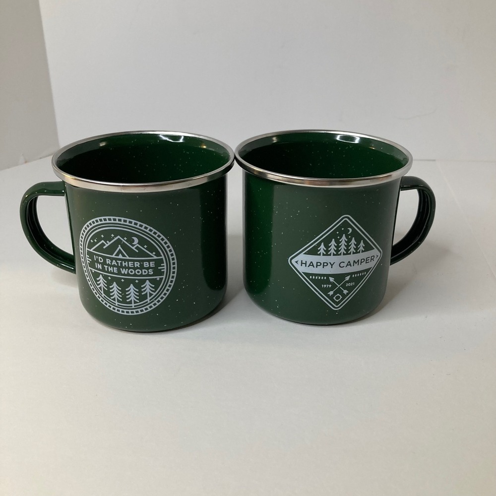 2 Bay Island Happy Camper Metal Coffee Mugs Id rather Be In the Woods Green